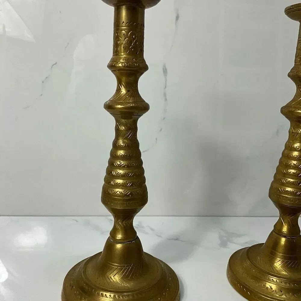 Pair Of VINTAGE Etched Brass Candle Holders